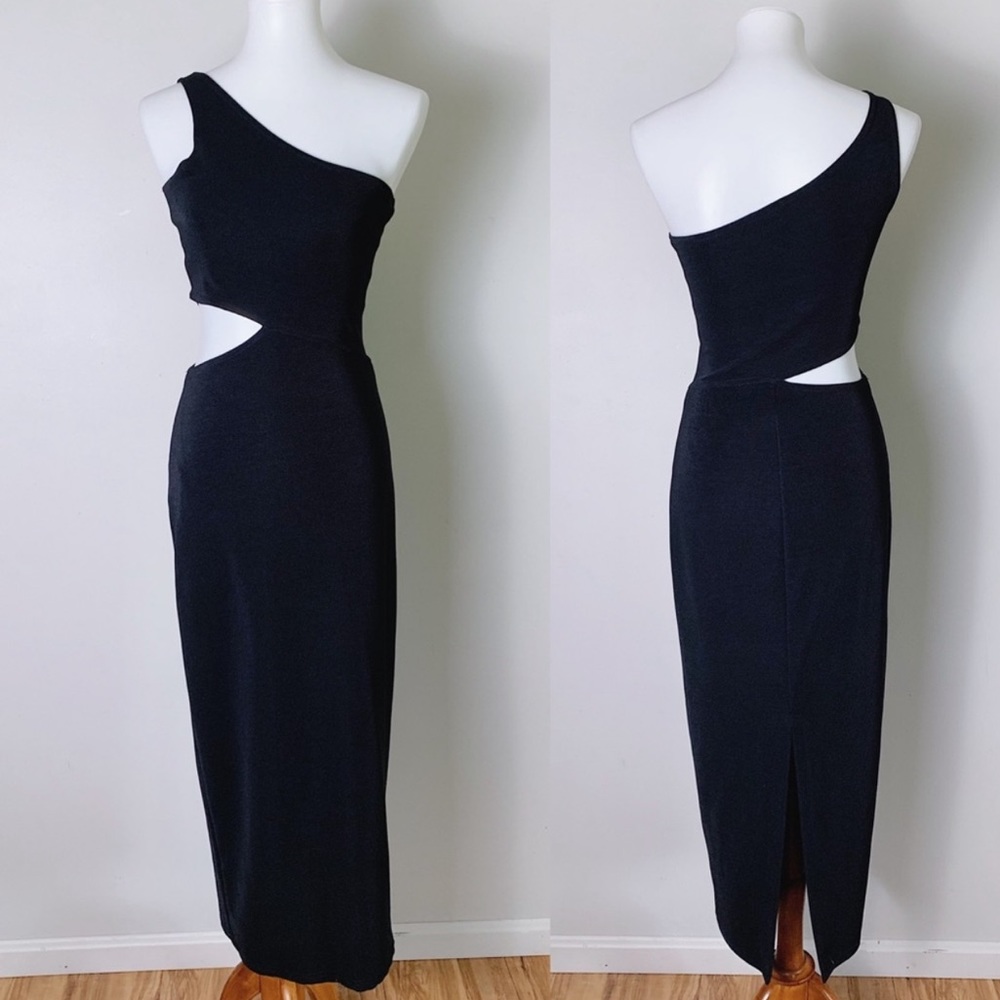 HUGO BUSCATI Black One Shoulder Cut Out Midi Dress